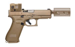 B&T Hush Puppy 9mm kit with Aimpoint ACRO P-2 red dot and 3-inch suppressor in coyote tan