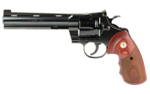 Colt Python 6-inch blued revolver with snake-scale walnut grips