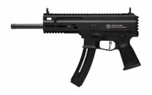 Grand Power Stribog TR22 .22 LR pistol in black with threaded barrel and Picatinny rail
