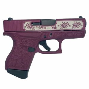 Glock G43 Black Cherry Roses vs Paisley subcompact 9mm handgun with custom engraved slide and grip