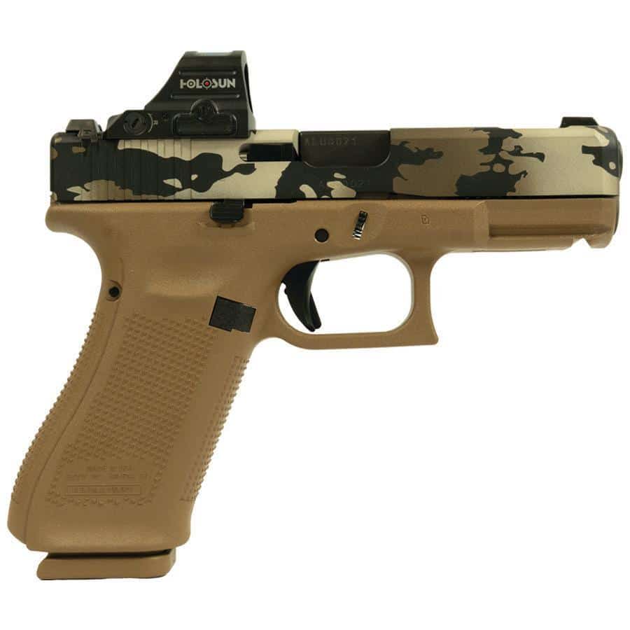 Glock 19X V-Series OR Camo 9mm handgun right-side view with optic and ported barrel