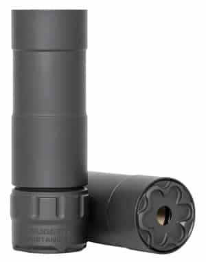 Rugged Suppressors Mustang 22 .22 LR suppressor in black Cerakote showing ADAPT module and titanium mount