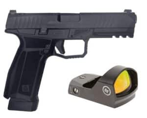 AREX Delta L OR 9mm pistol in black with Crimson Trace red dot and optics plates