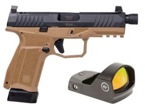 AREX Delta M Tactical 9mm FDE pistol with Crimson Trace red dot and included magazines