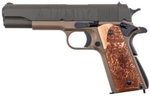 Auto-Ordnance AO 1911A1 Army Commemorative pistol in O.D. Green and Coyote Tan Cerakote with engraved wood grips