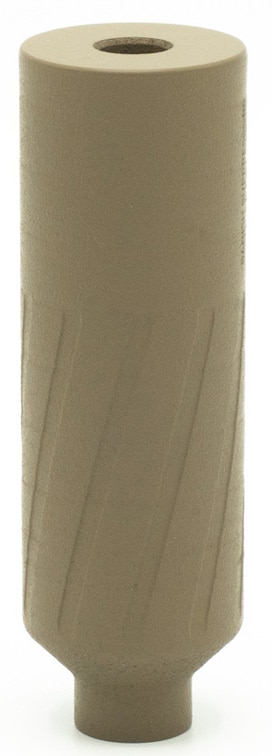 Banish 9K 9mm FDE suppressor side view, 4.1 inch titanium can