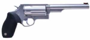 Taurus Judge Magnum 6.5 in matte stainless revolver chambered in .45LC/.410, side view