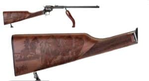 Heritage Arms Rough Rider Rancher .22 LR 16-inch revolver with buffalo engraving and leather sling