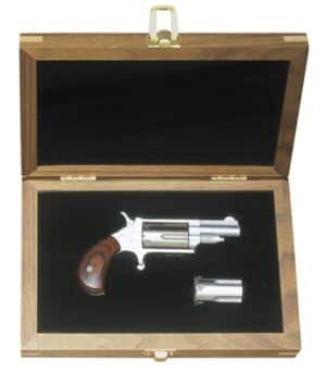 North American Arms mini-revolver with 1.63 inch barrel and walnut display case