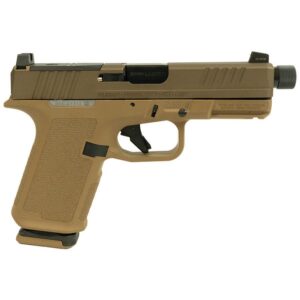 Ruger RXM 9mm pistol with 4.5in threaded barrel, black slide and tan Magpul grip, includes two 15-round magazines