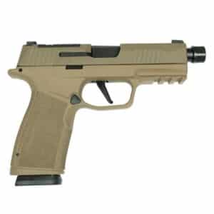 Sig Sauer P365 XMacro 9mm 3.7in two-tone tan handgun front-left