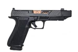 Shadow Systems DR920P Elite 9mm pistol, 4.0-inch compensated barrel, black DLC slide, bronze barrel, green tritium sights