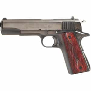 Colt Series 70 Government 1911 .45 ACP 5-inch blued pistol left profile with rosewood grips