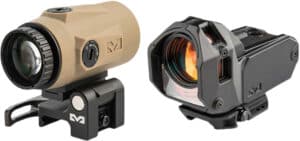Meprolight M22 Triangle reflex sight with MMX4 4x24mm magnifier in coyote tan and black on Picatinny mount