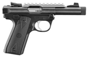 Ruger Mark IV 22/45 .22 LR 4.4-inch threaded bull barrel blued pistol with polymer grip and Picatinny rail