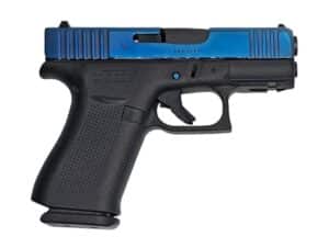 Glock G43X pistol with cobalt blue engraved slide and front rail