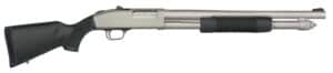 Mossberg 590A1 12ga shotgun side view black synthetic stock silver Marinecote barrel