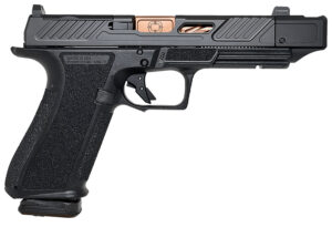 Shadow Systems DR920P Elite 9mm pistol with bronze spiral-fluted compensated barrel and black optic-ready slide