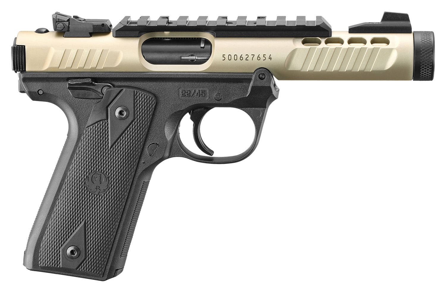 Ruger 43955 Mark IV 22/45 Lite 22 LR 10+1 4.40" Stainless Threaded Barrel, Champagne Anodized Serrated Slide w/Picatinny Rail, Black Anodized Polymer Frame, Black Checkered 1911-Style Grip