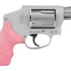 Smith & Wesson 642 Centennial Airweight .38 Special revolver with pink and black synthetic grips