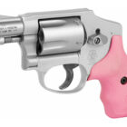 Smith & Wesson 642 Centennial Airweight .38 Special revolver with pink and black synthetic grips