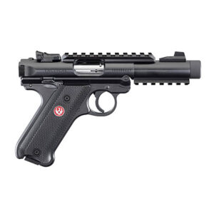 Ruger Mark IV Tactical .22 LR pistol with 4.4 inch threaded barrel and Picatinny rails, blued finish