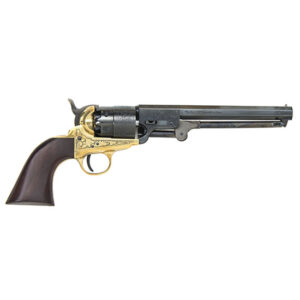 Traditions 1851 Navy engraved .44 cal percussion revolver with blued octagon barrel and brass frame, walnut grip