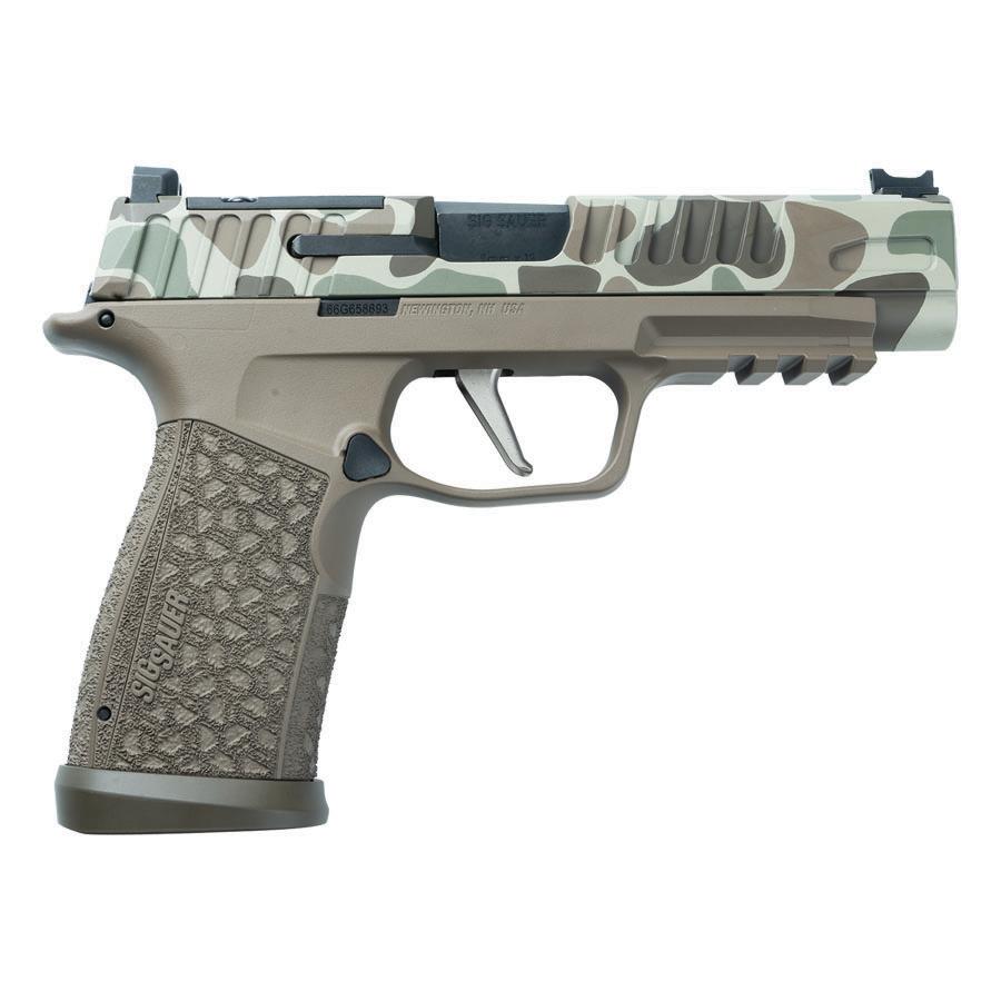 Sig Sauer P365 Fuse Duck Camo 9mm pistol with 4.3in barrel, LXG grip, fiber optic front sight